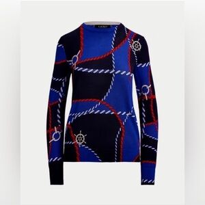 Lauren Ralph Lauren Fitted Blue & Red Long Sleeve Rope-Print CottonBlend Sweater